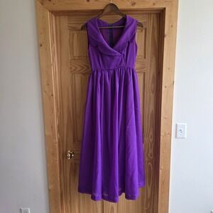 VTG 50's 60s Handmade Purple A Line Dress V Neck Collar Rockabilly Full Swing